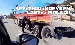 Sinop’ta tuğla yüklü kamyonun lastiği fırladı