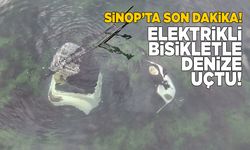 Elektrikli bisikletiyle denize uçtu