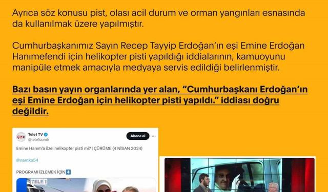 Dezenformasyonla Mücadele Merkezi: “’Cumhurbaşkanı Erdoğan’ın eşi Emine Erdoğan için helikopter pisti yapıldı’ iddiaları doğru değildir"