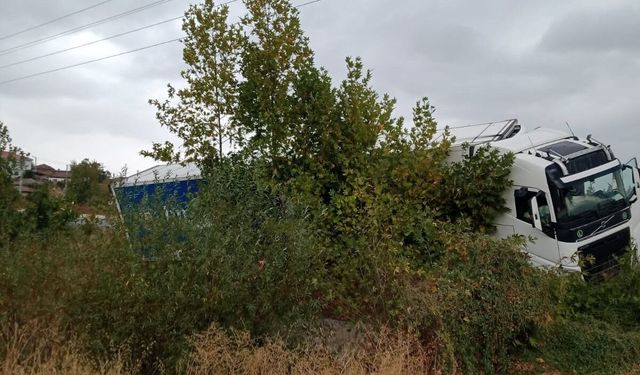 Yoldan çıkan tır şarampole girdi