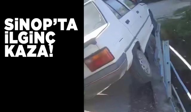 Otomobil köprü korkuluklarında asılı kaldı