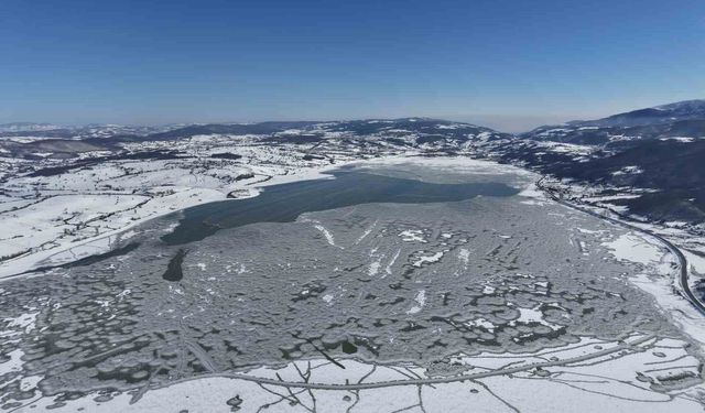 870 hektarlık Ladik Gölü buz tuttu: Kar yağışı göle can suyu oldu