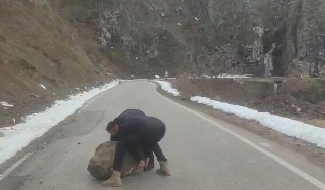Yola düşen kayayı böyle çektiler