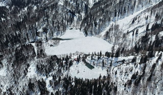 Borçka Karagöl beyaz örtüyle kaplandı