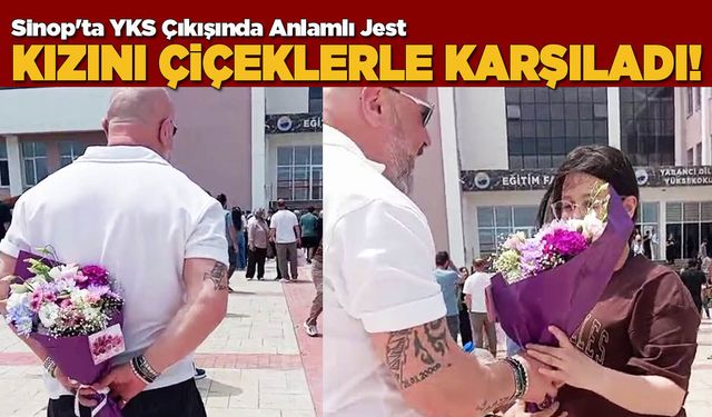 Sınavdan çıkan kızını çiçekle karşıladı