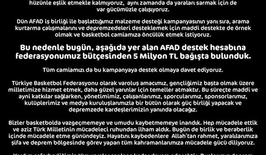 Türkiye Basketbol Federasyonu, AFAD’a 5 milyon TL bağışta bulundu