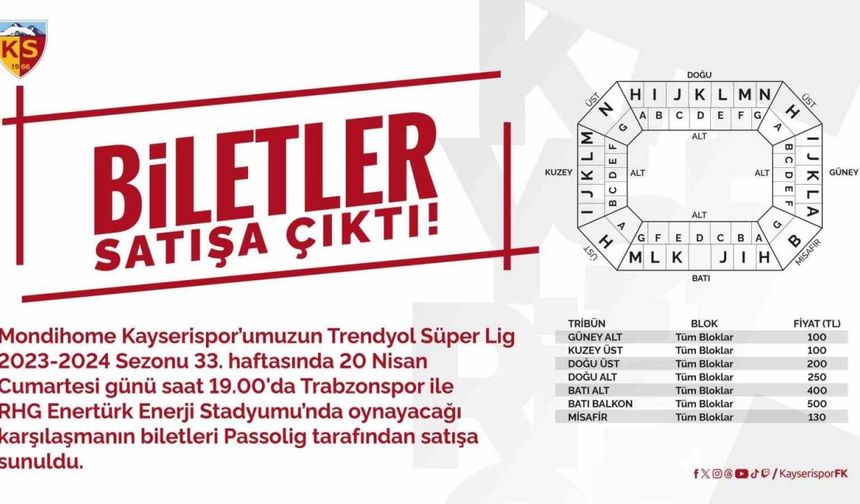 Kayserispor-Trabzonspor  maçı bilet fiyatları belli oldu