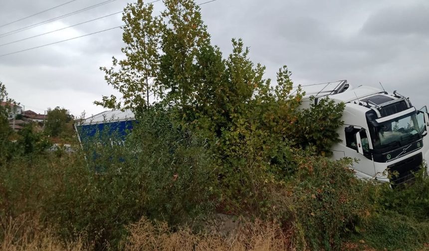 Yoldan çıkan tır şarampole girdi