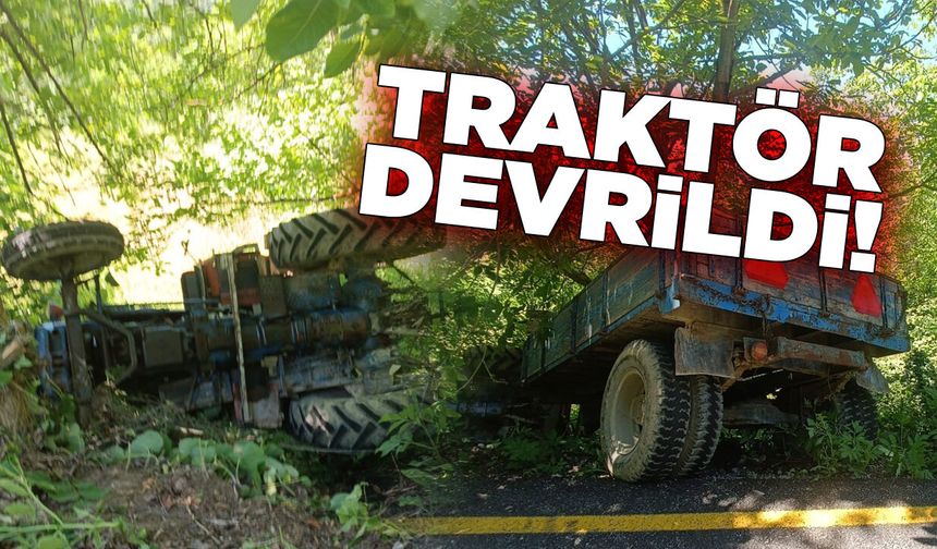 Kontrolden çıkan traktör devrildi